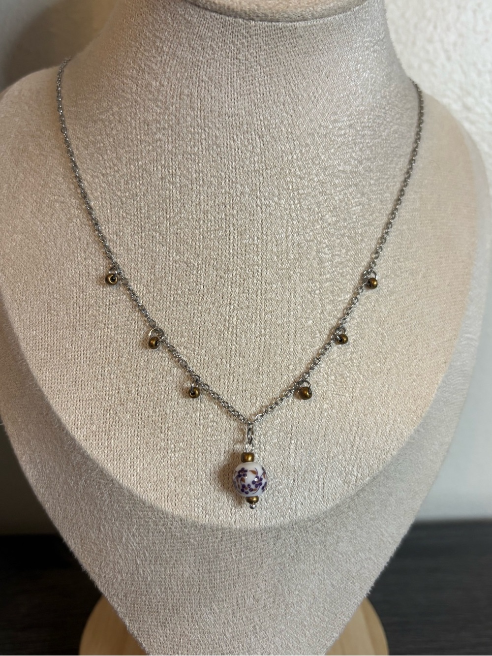 Handmade Purple Floral Porcelain Charm Necklace | Waterproof & Tarnish Resistant